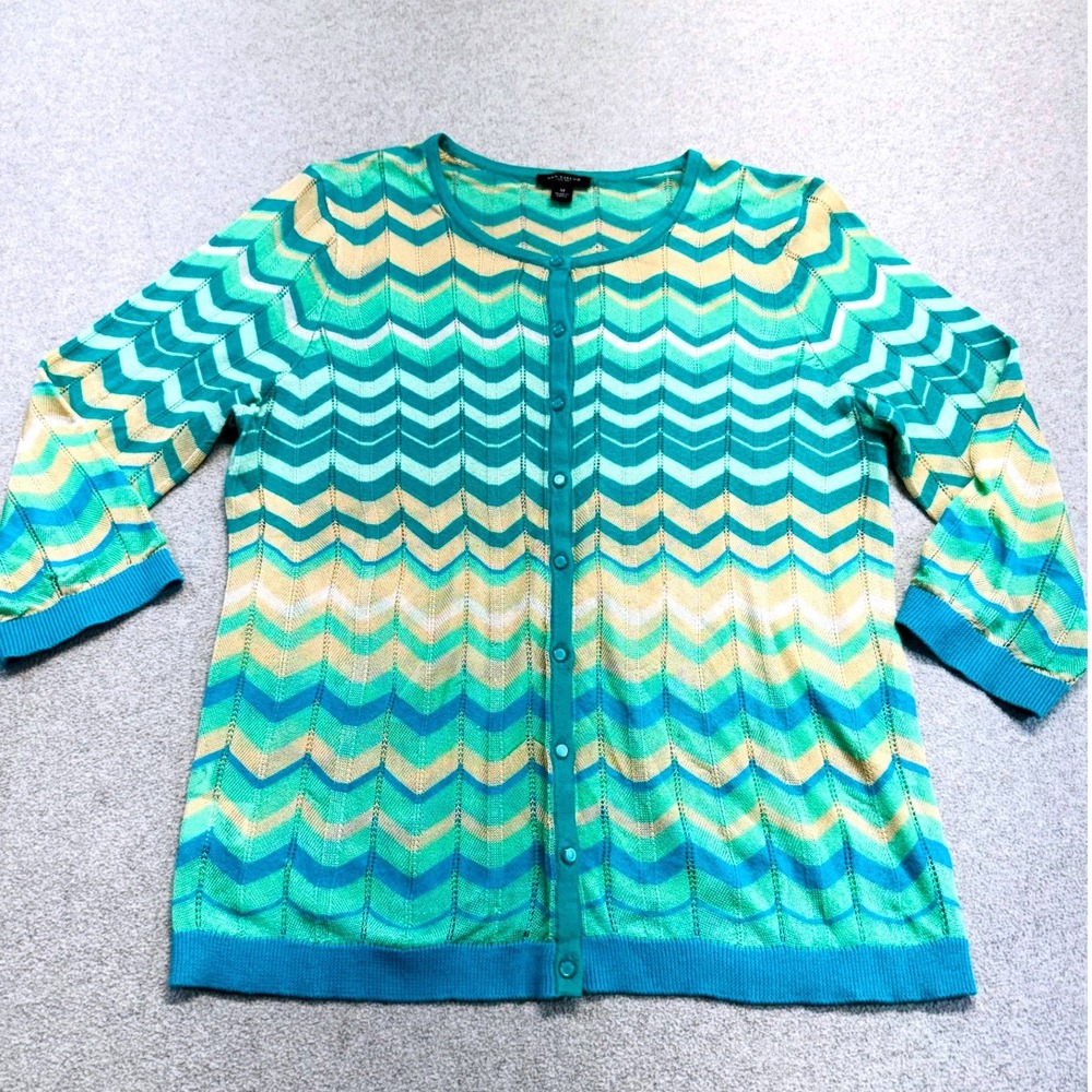 Ann Taylor Cardigan Womens Medium Teal Green Chevron Pointelle 3/4 Sleeve Knit